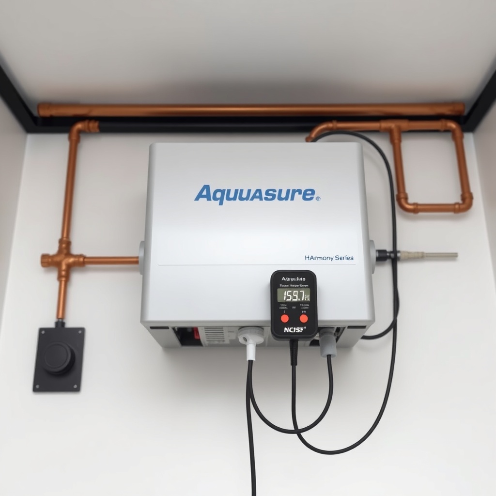 A clean photorealistic overhead shot of an Aquasure Harmony Series unit installed in a mod