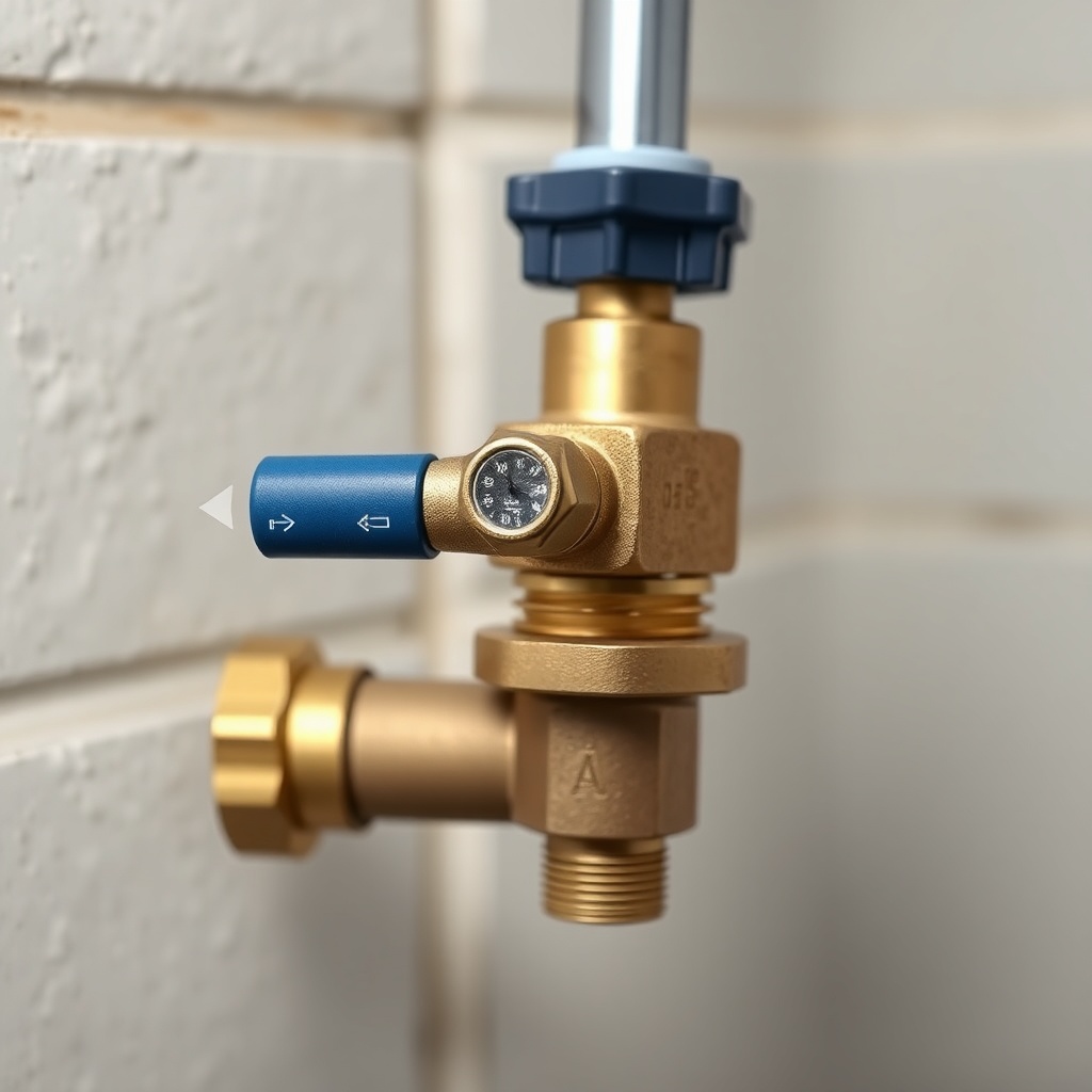 A photorealistic close-up of a brass bypass valve on an Aquasure Harmony Series system