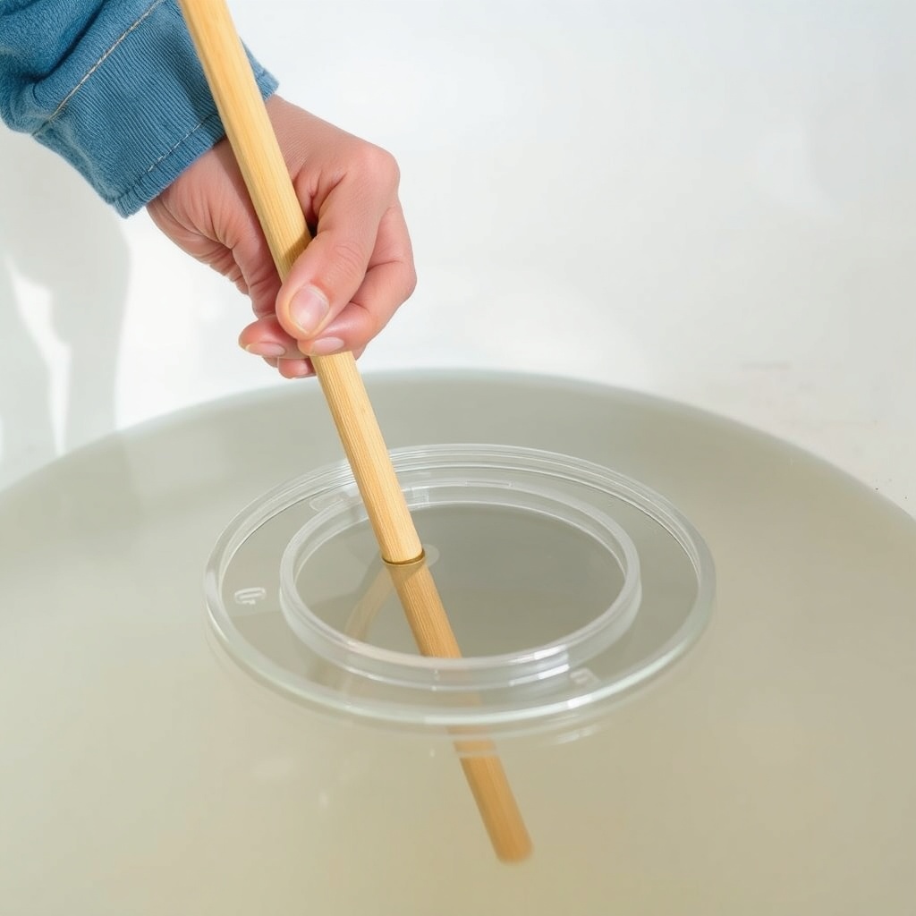 <clean photorealistic photo of a homeowner gently inserting a wooden dowel into a brine ta