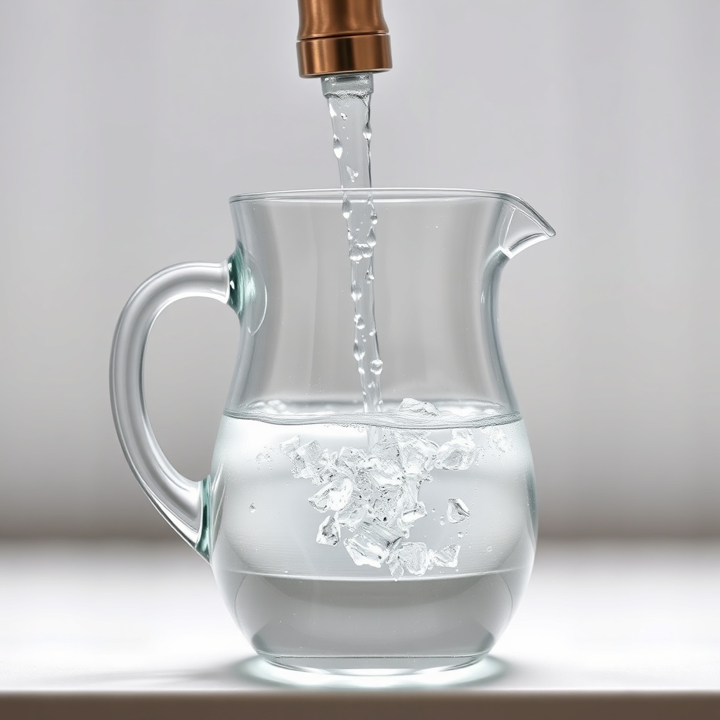 A photorealistic close-up of a clear glass pitcher being filled with water from a kitchen