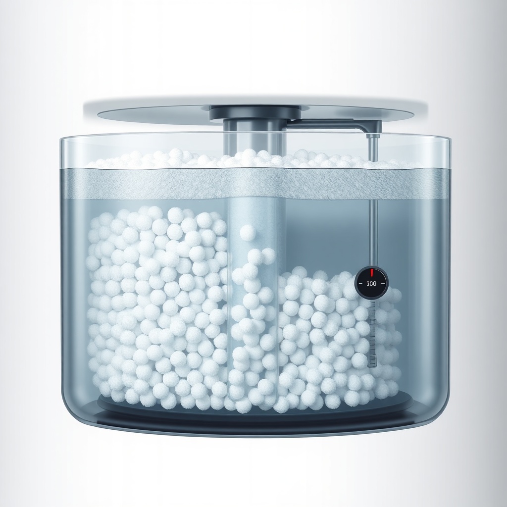 <Water softener brine tank cross-section showing salt pellets and water level indicator