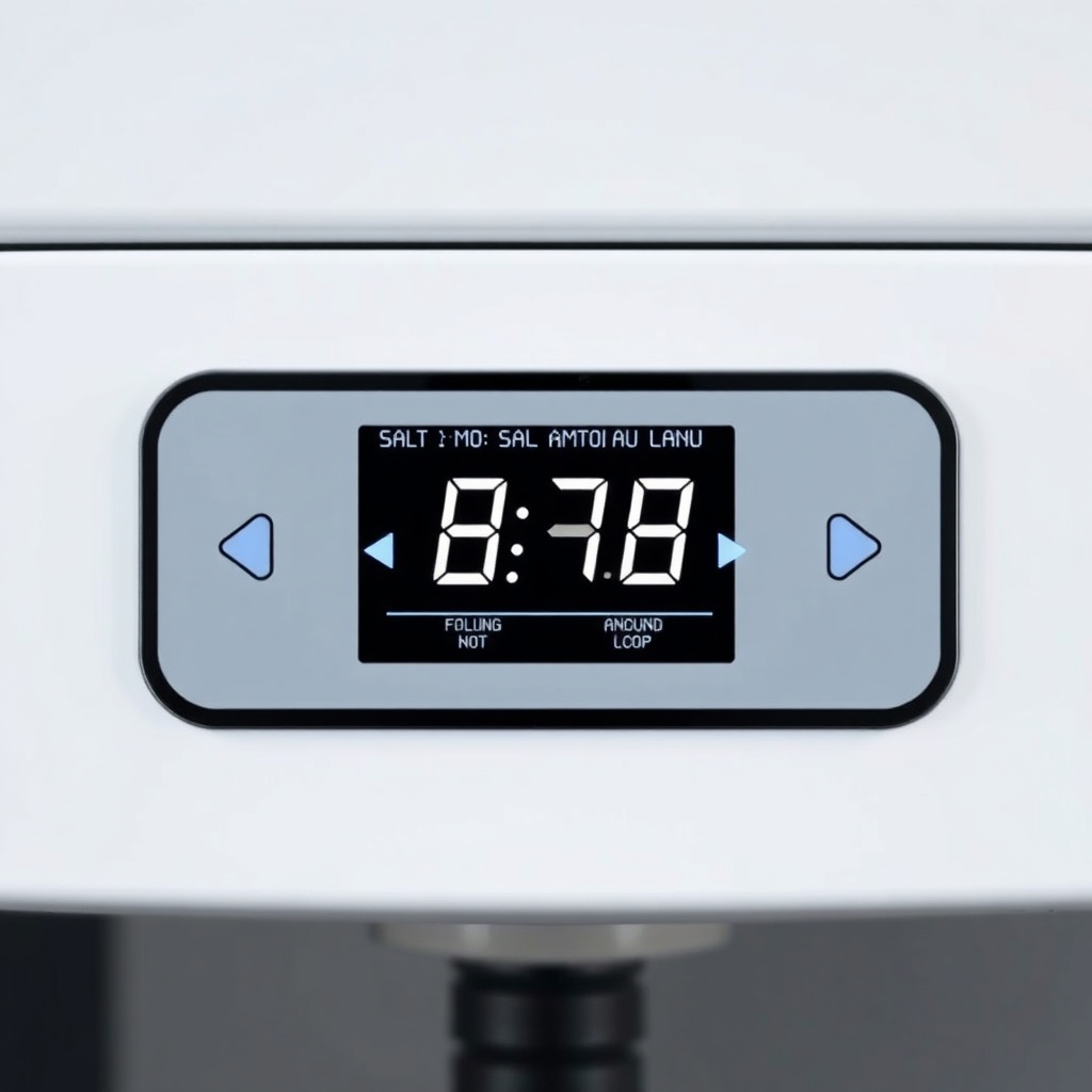 <Digital display of water softener controller showing salt amount menu with arrows