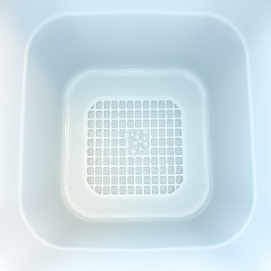 <A photorealistic photo looking down into a Fleck 5600SXT brine tank after cleaning