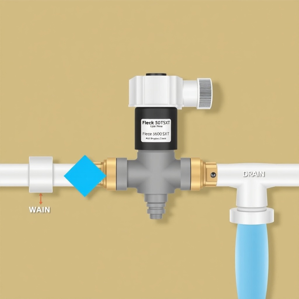 A clean illustration-style photo of a Fleck 5600SXT bypass valve with labeled inlet
