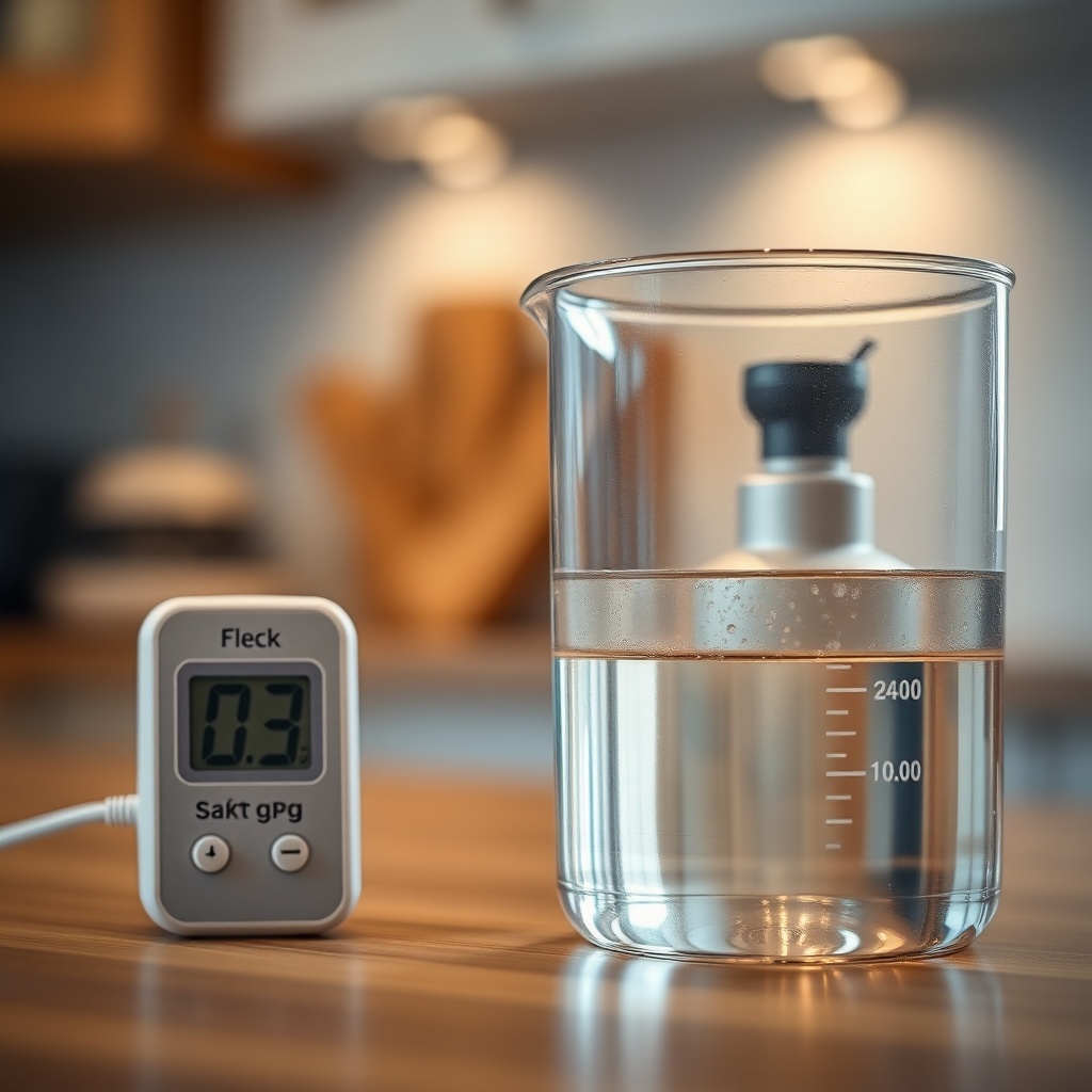 Close-up of a clear glass beaker filled with fully softened water next to a digital hardne