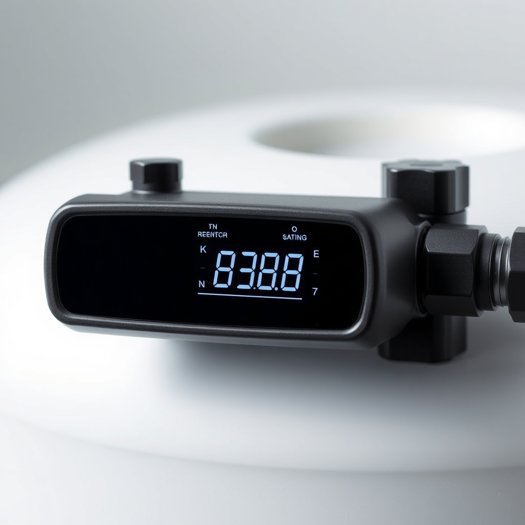 Clean photorealistic photo of a Fleck 5600SXT control valve on a resin tank with a digital