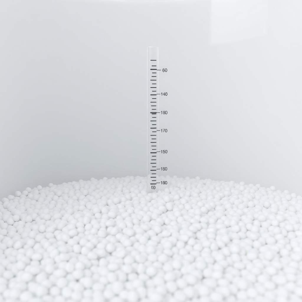 Clean photorealistic photo of a brine tank with salt pellets and a water level indicator