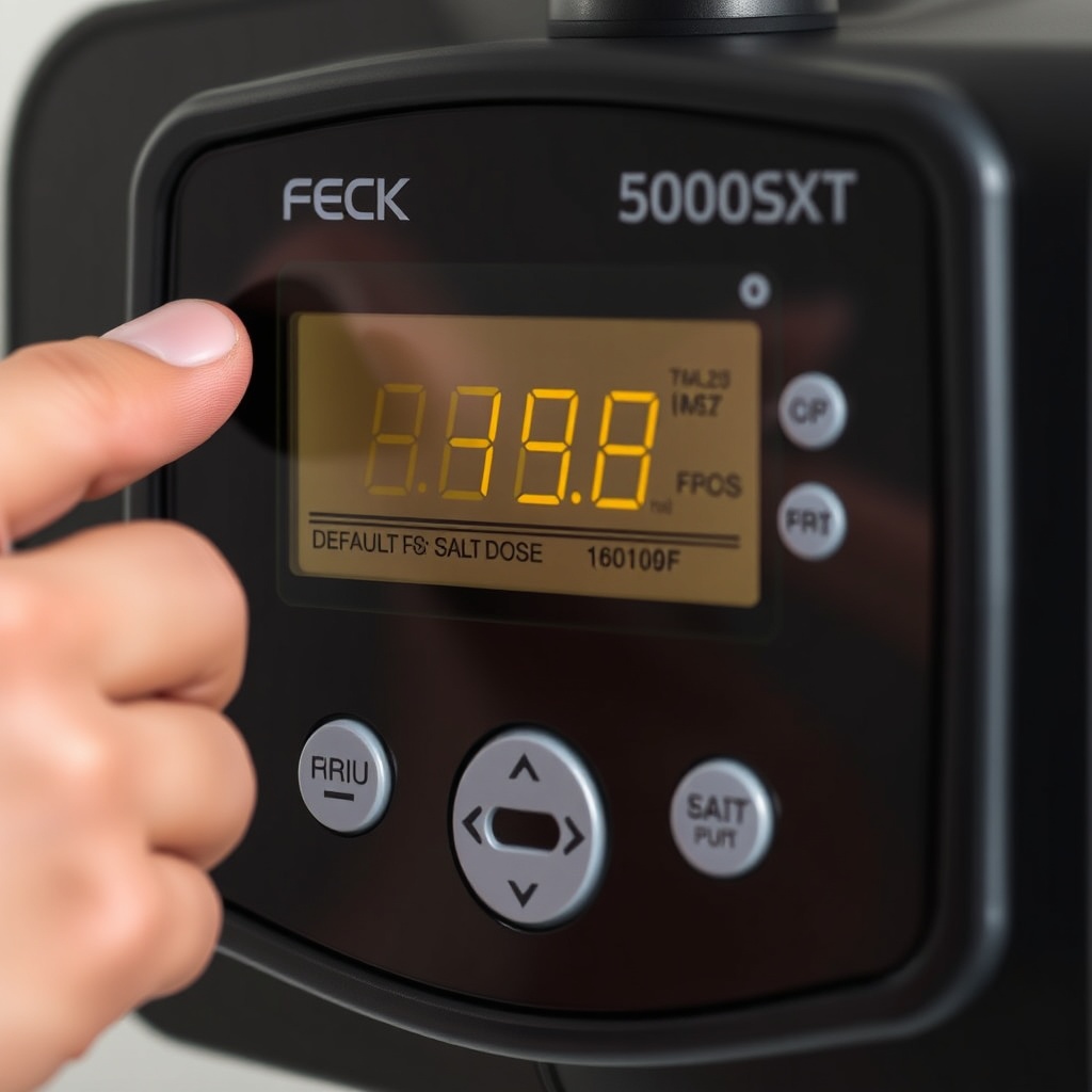 Close-up of a Fleck 5600SXT control panel showing the digital display with default salt do