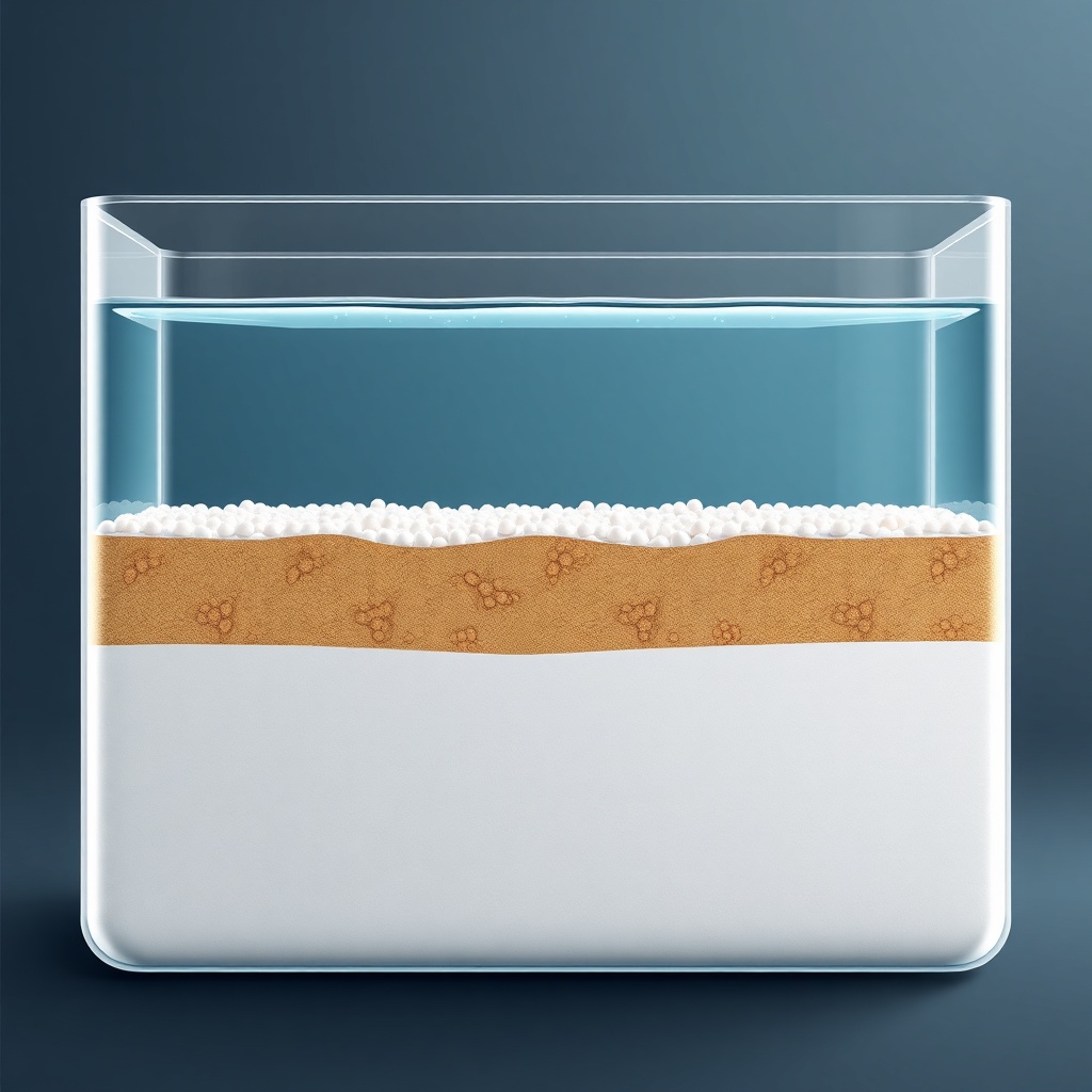 A clean photorealistic cross-section illustration of a brine tank showing a salt bridge cr