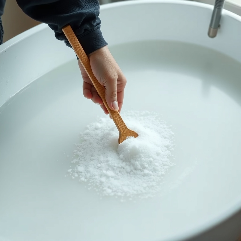 A clean photorealistic photo of a person gently stirring salt in a brine tank with a woode