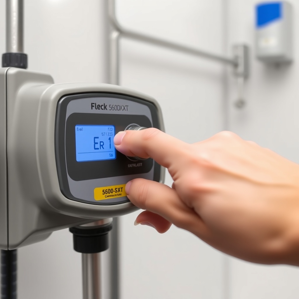 A close-up photorealistic photo of a hand turning the manual knob on a Fleck 5600SXT contr