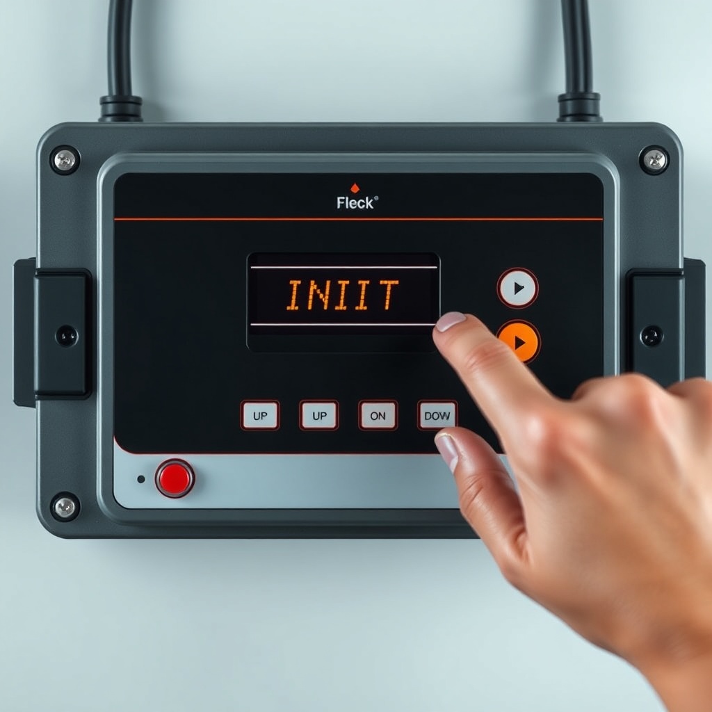 A photorealistic top-down view of a Fleck 5600SXT control board with the LCD screen displa