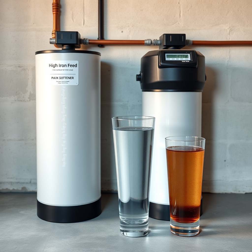 A clean photorealistic photo showing two water softener units side by side on a concrete b
