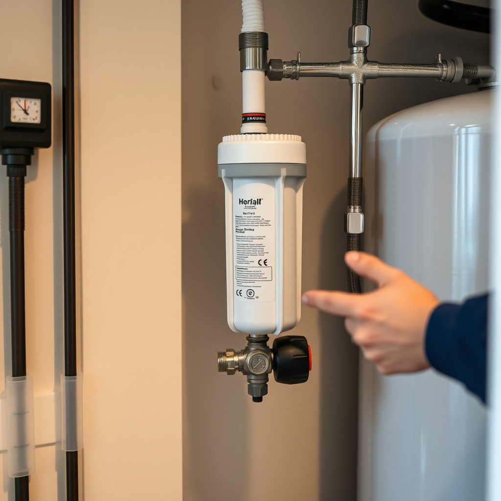 A clean photorealistic photo showing a pre-filter housing attached to a water softener in