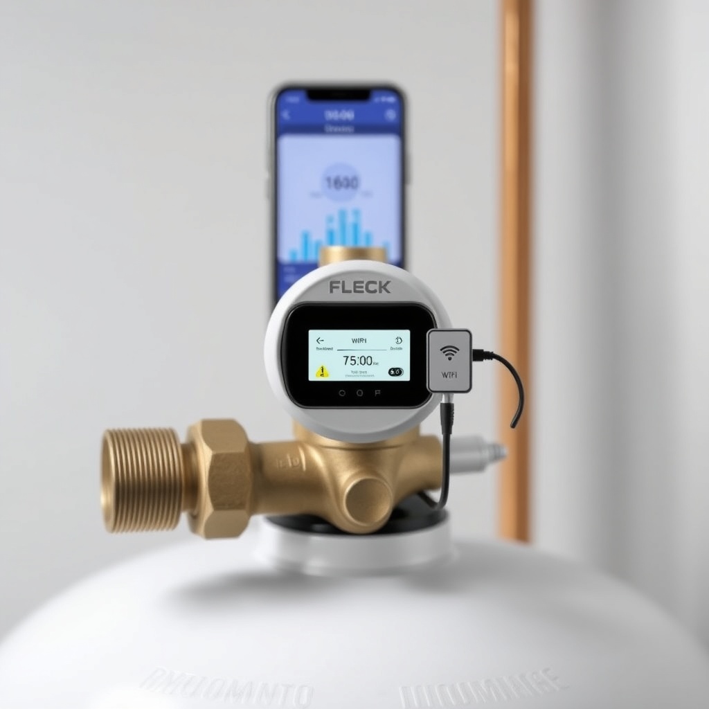 <clean photorealistic photo of a Fleck 5600SXT valve body with a small WiFi module attache