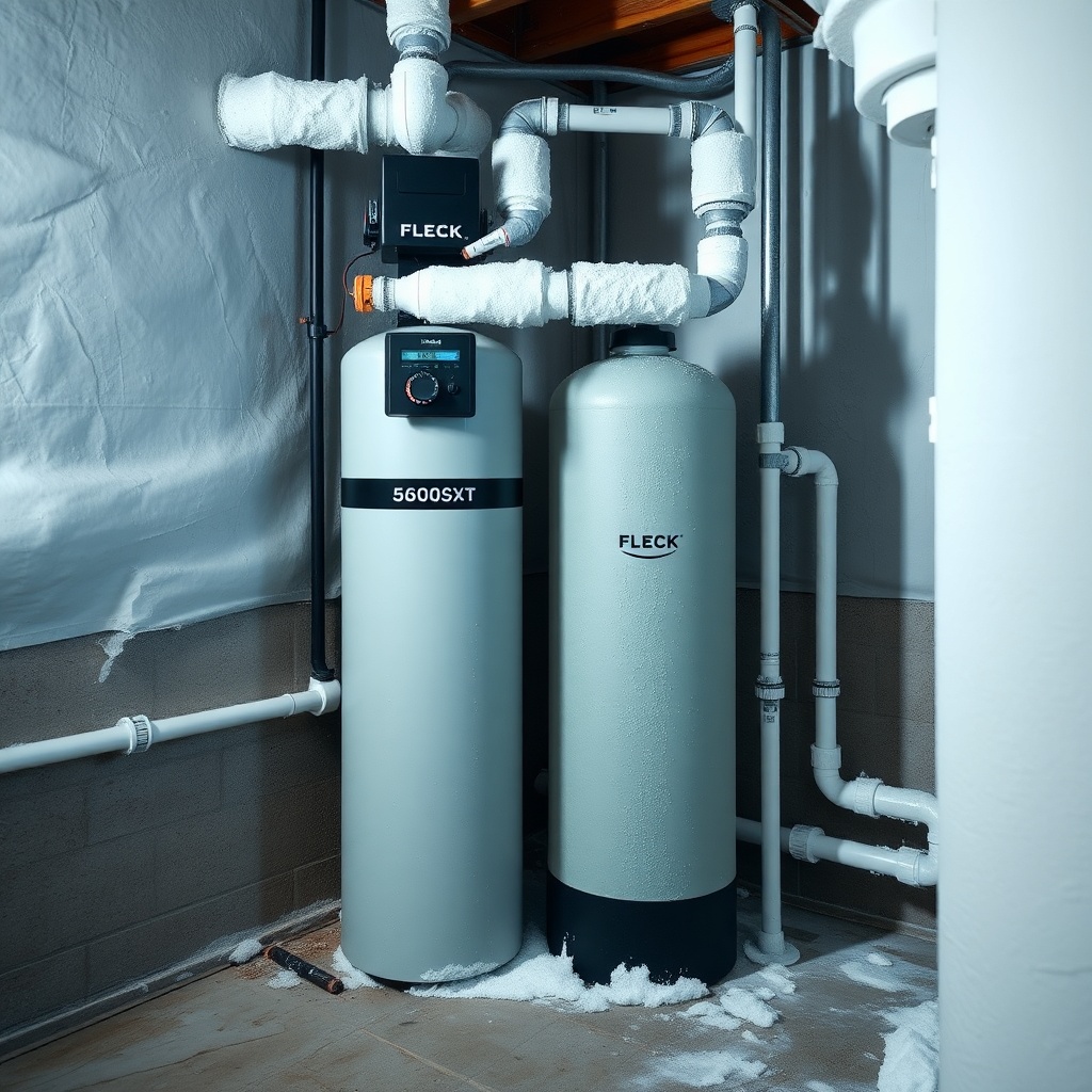 A clean photorealistic photo of a Fleck 5600SXT softener installed in a basement