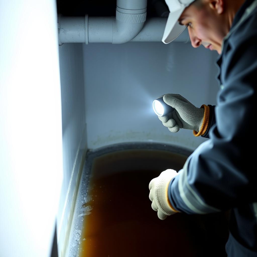 A clean photorealistic photo of a person wearing work gloves inspecting a drained brine ta