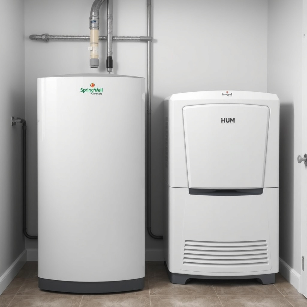 A clean photorealistic photo of a SpringWell Futuresoft unit installed in a modern utility