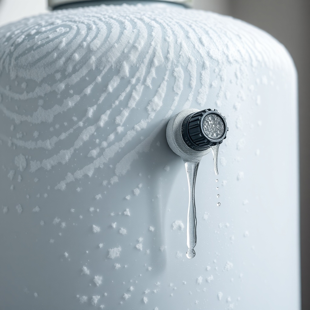 A photorealistic close-up showing frost patterns on a water conditioner’s media tank