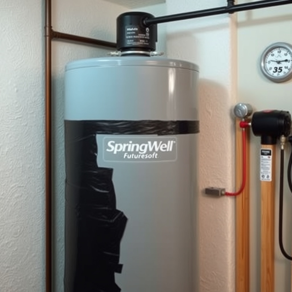 A photorealistic image showing a gray SpringWell Futuresoft tank wrapped in black heat tap