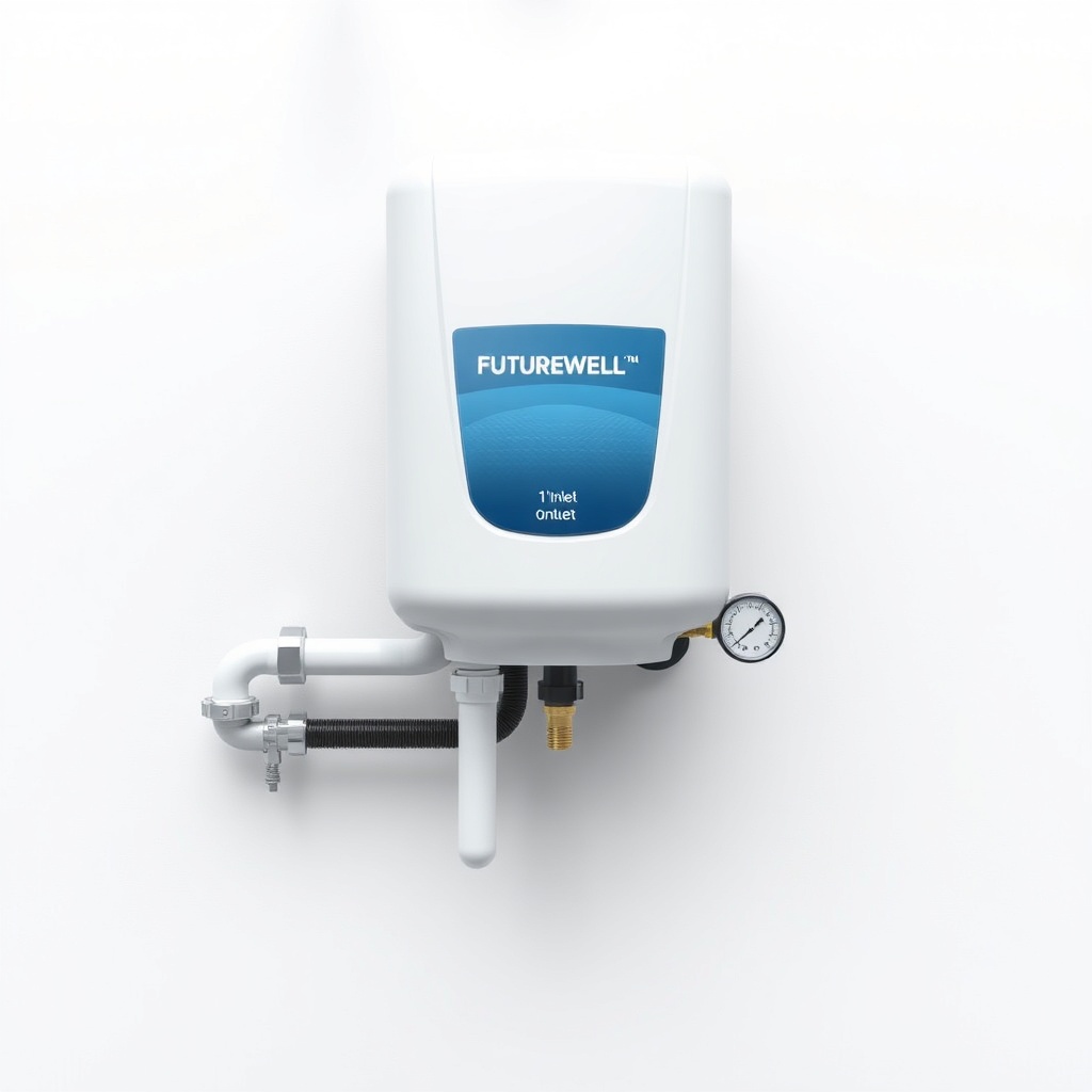 A photorealistic top-down view of a SpringWell Futuresoft unit installed on a wall