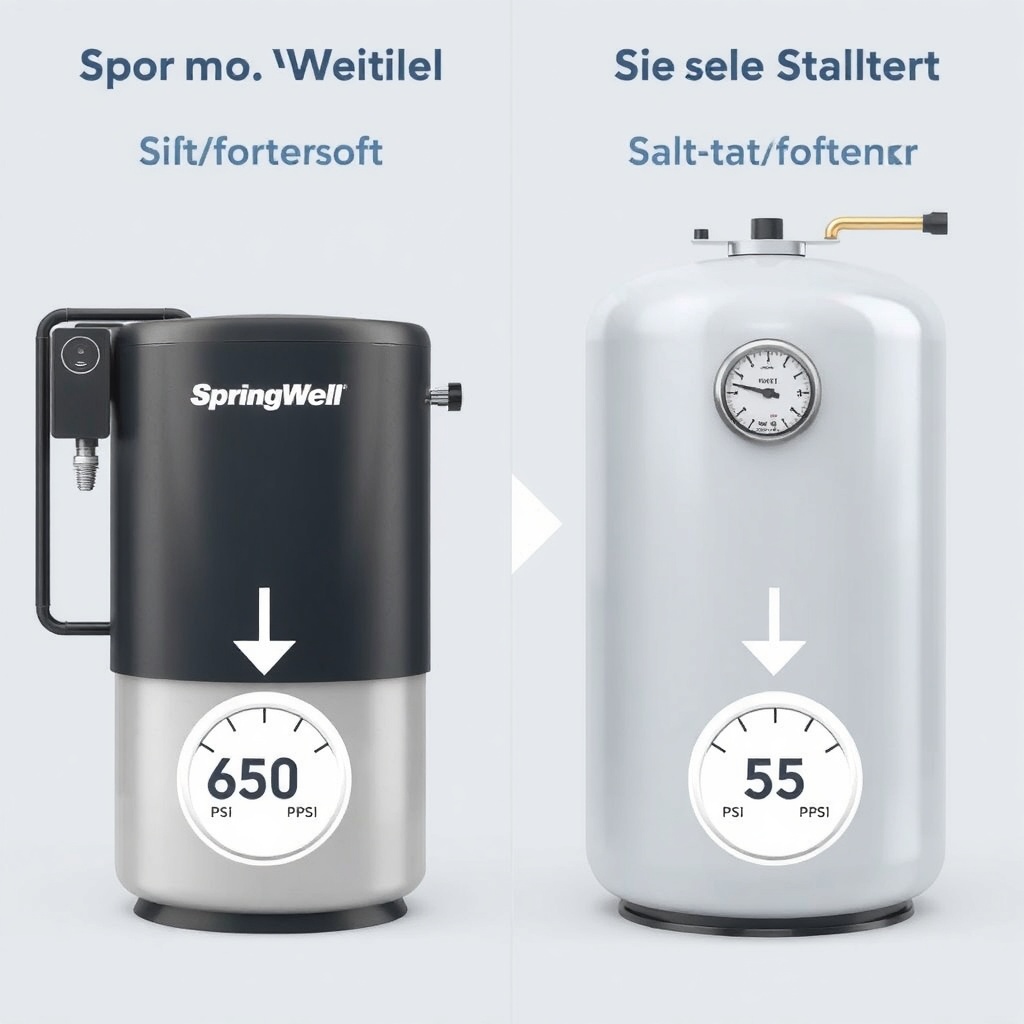 A split photorealistic image showing a SpringWell Futuresoft on the left and a salt-based