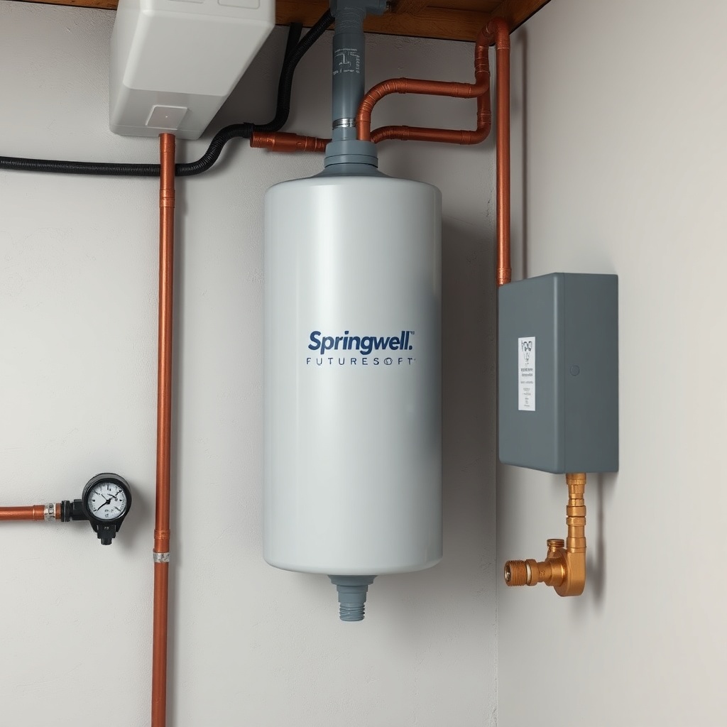 A clean photorealistic photo of a SpringWell Futuresoft unit mounted on a basement wall wi