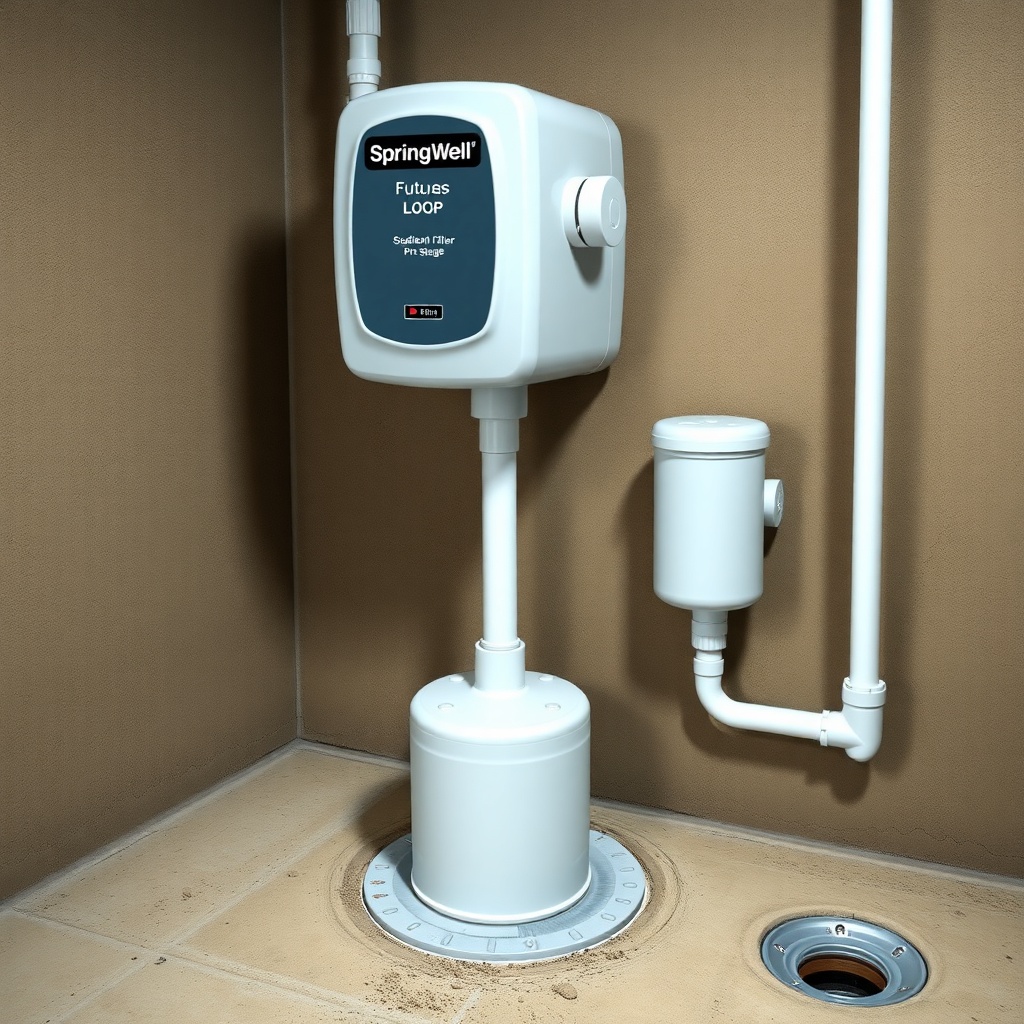 A clean photorealistic photo of a SpringWell Futuresoft mounted in a dry basement corner w