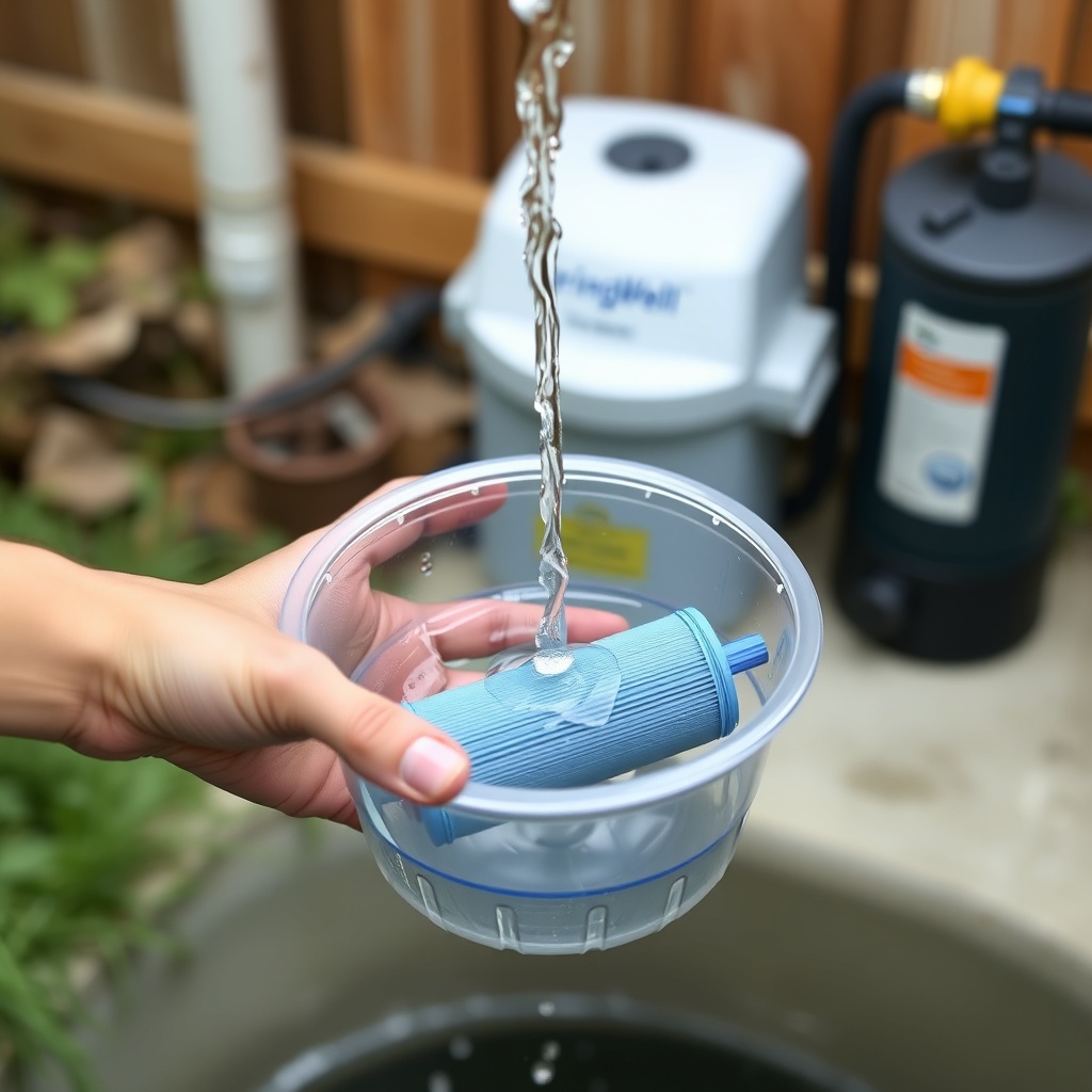 A clean photorealistic photo of a person holding a clear sump bowl with a rinsed blue filt