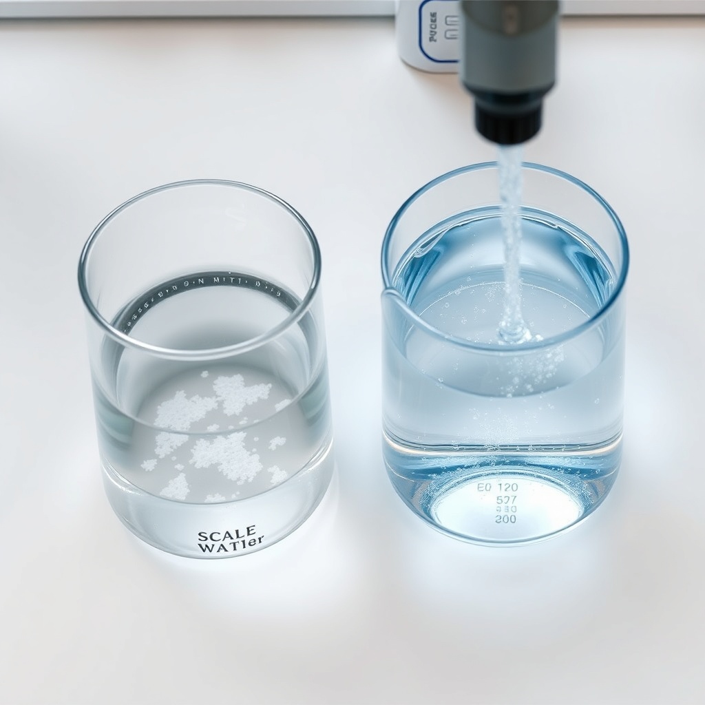 A photorealistic overhead shot of a lab bench with two glass beakers: one with tap water s