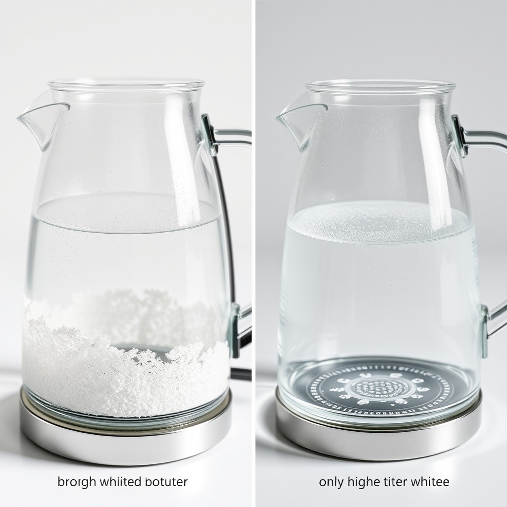 A photorealistic side-by-side photo of a clear glass kettle after 1 month of use with untr