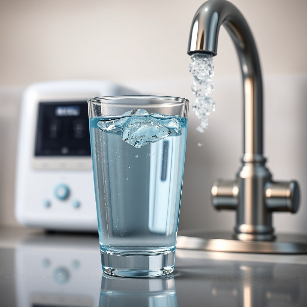 Photorealistic close-up of a glass of crystal-clear water next to a SpringWell Futuresoft
