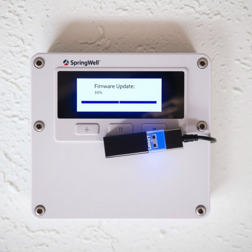 A photo of a USB flash drive being inserted into the bottom of a SpringWell Futuresoft con