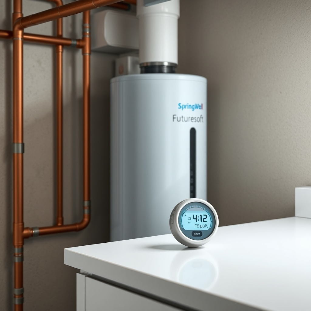A clean photorealistic photo of a SpringWell Futuresoft unit installed in a modern basemen