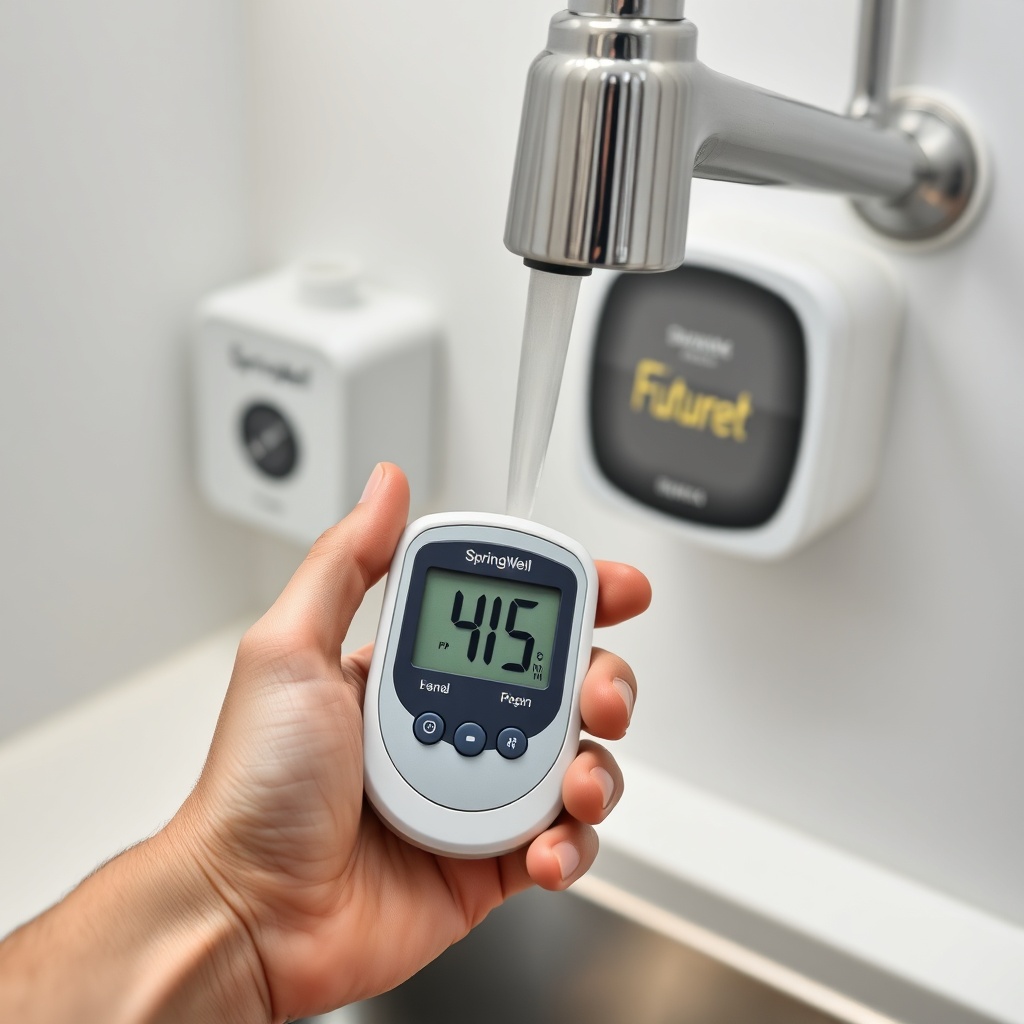 A clean photorealistic photo of a hand holding a TDS meter under a kitchen faucet