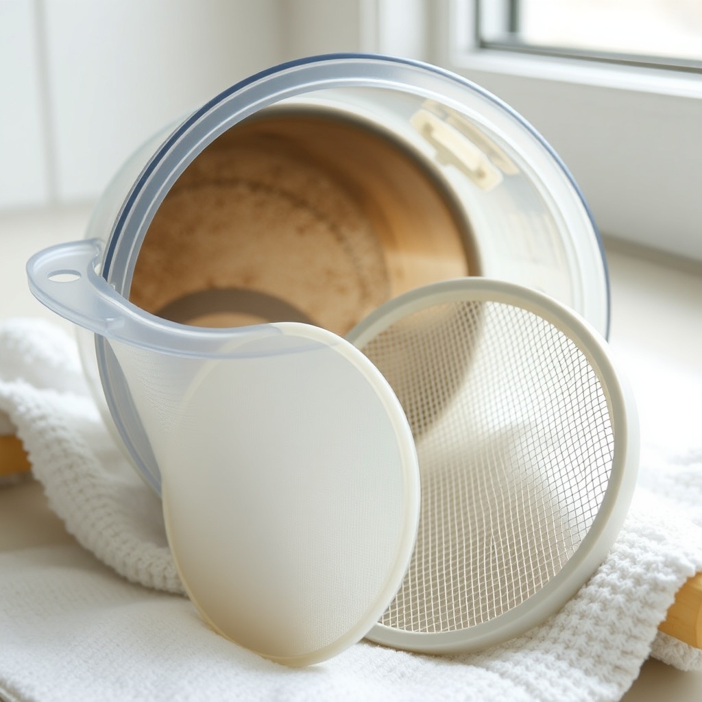 A close-up photo of a clear plastic filter housing with a dirty mesh screen and a clean on