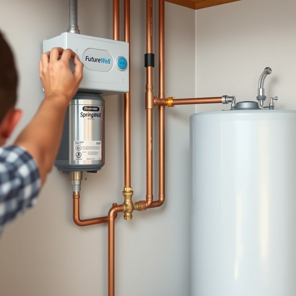 <clean photorealistic photo/illustration showing a homeowner installing a SpringWell Futur