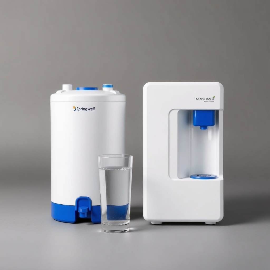A photorealistic photo of two water conditioners side by side on a clean gray background