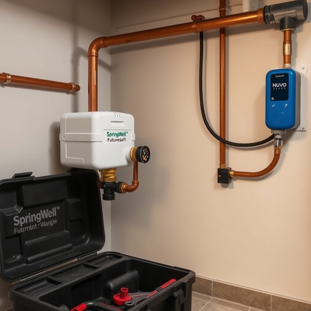 A photorealistic photo showing the interior of a home utility room: a copper pipe with a w